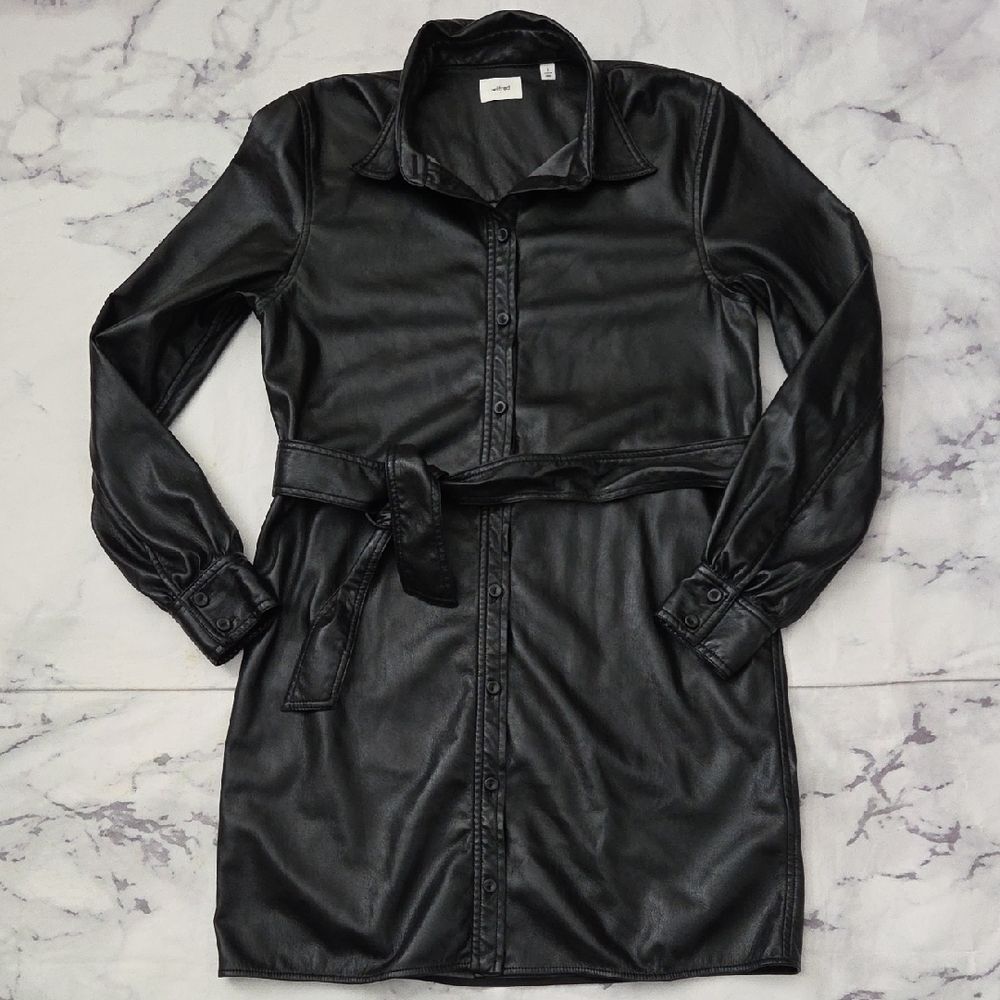 Wilfred Aritzia Black Caroline Faux Leather Belted Dress